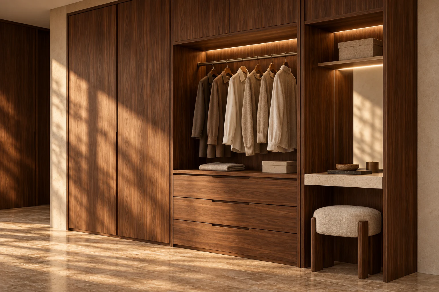 Concepto de clóset de madera con módulos abiertos y cerrados